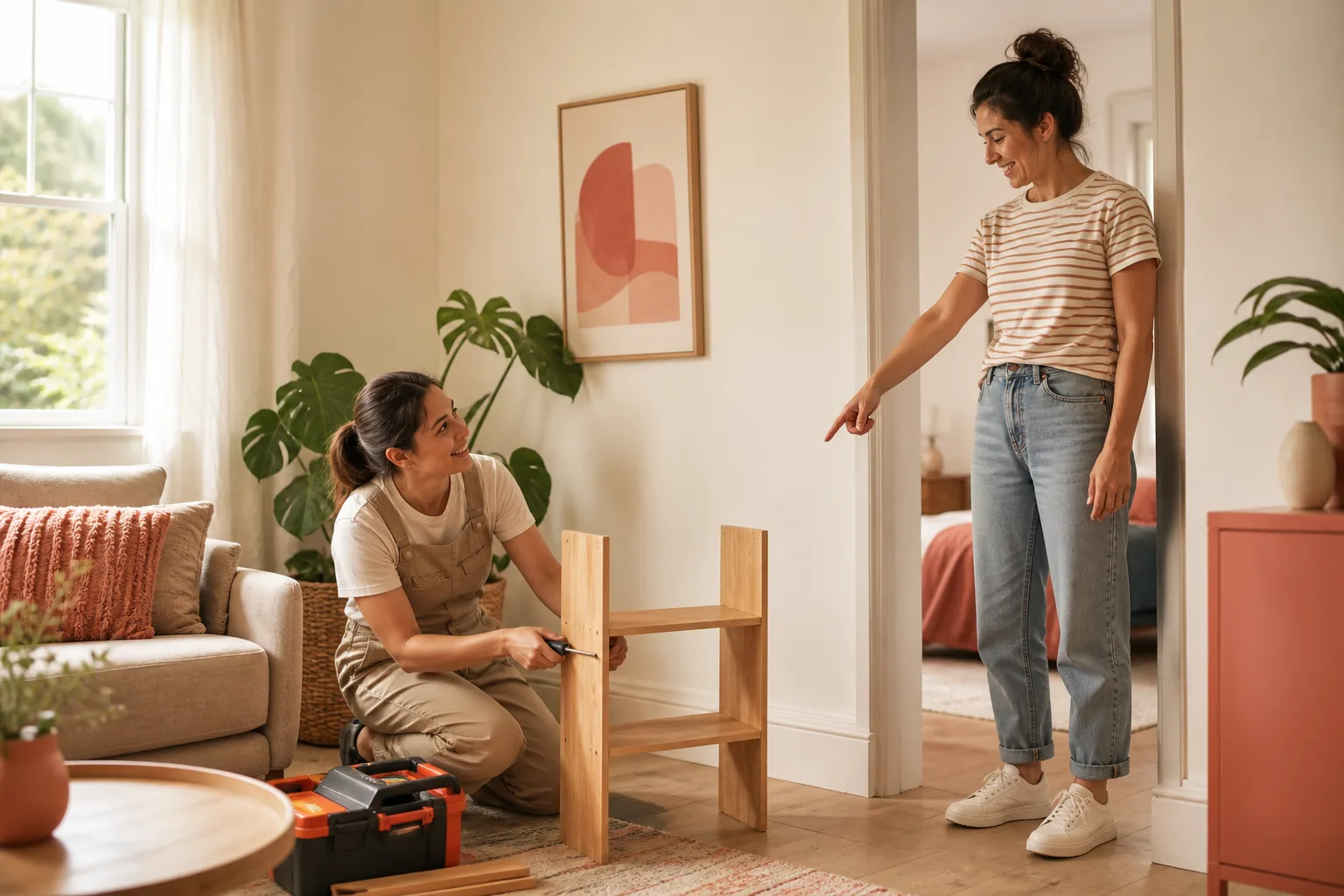 A helper builds a wooden stool while the homeowner points at the spot for it