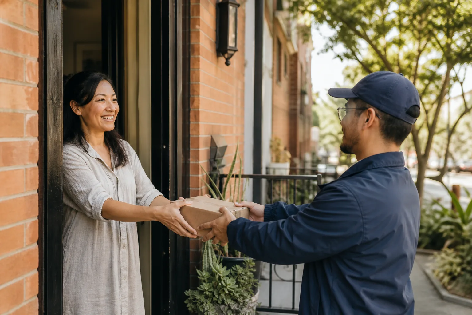 A neighbor hands a package to a woman at her front door