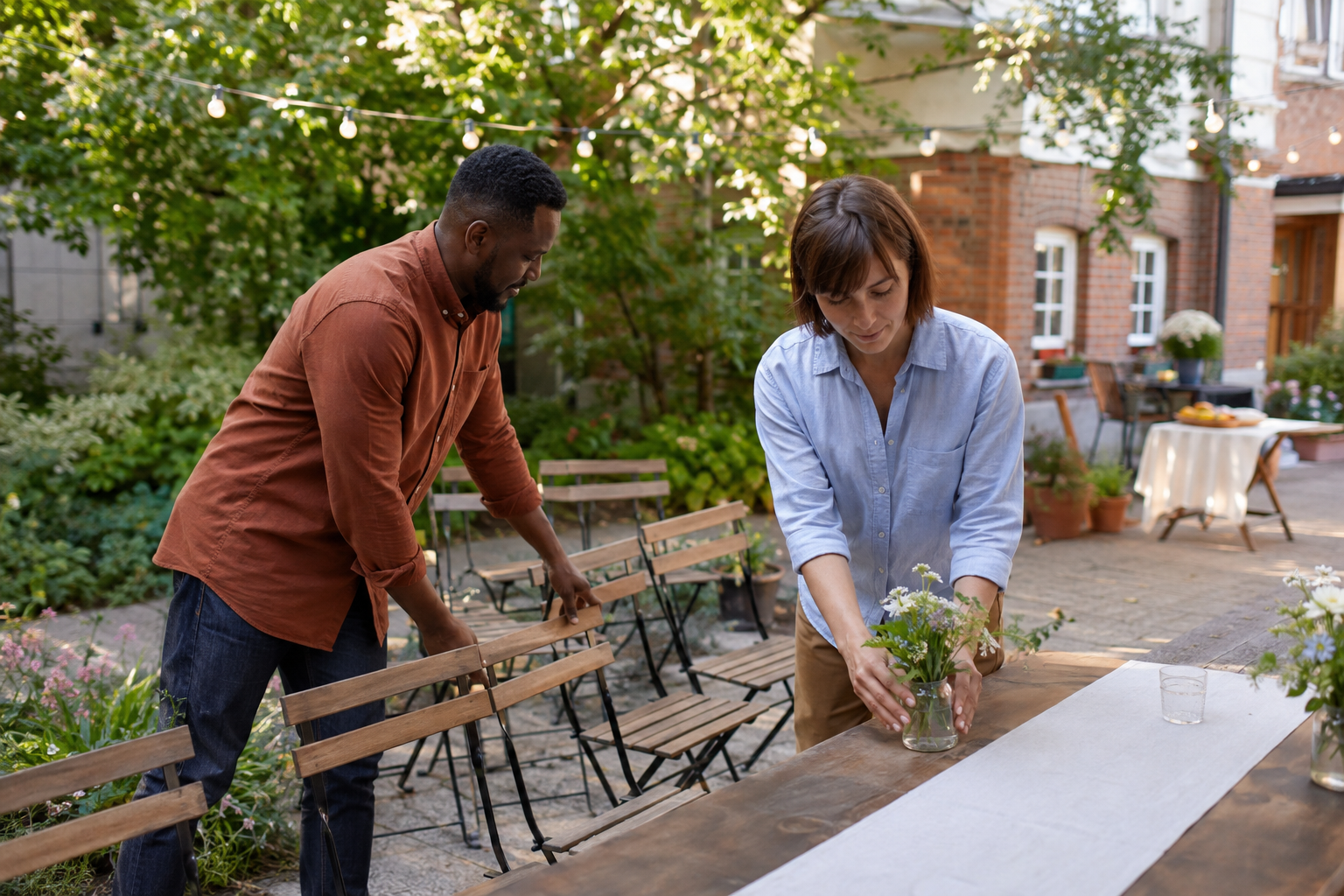 Two people set a long garden table with chairs and flowers