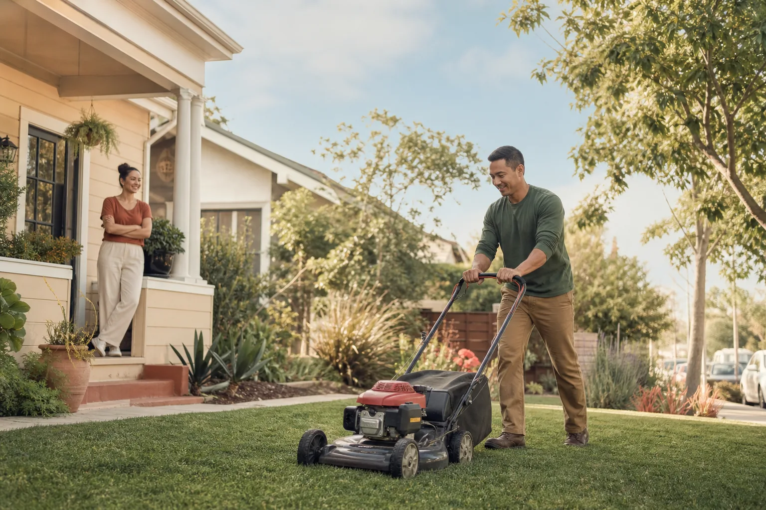 A man mows a front lawn while the homeowner watches from the porch